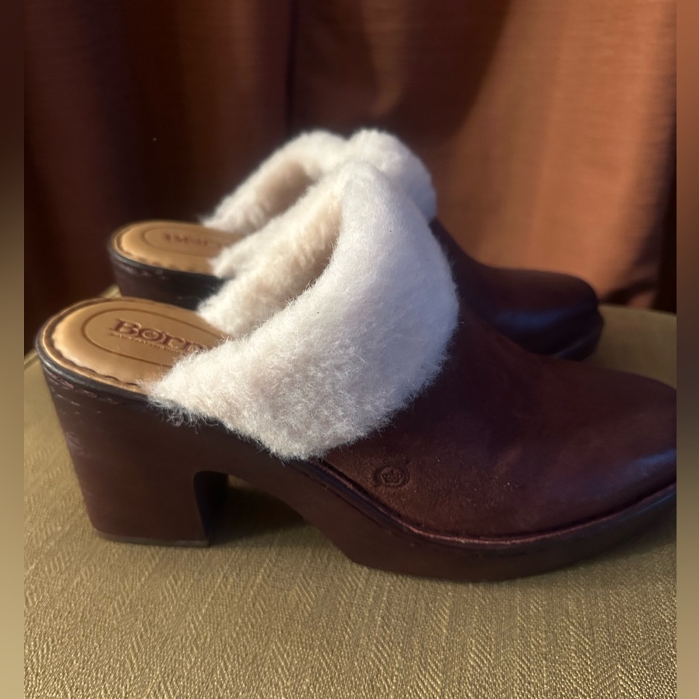 Born Brown Leather Clog Mules with Cream Shearling Trim
